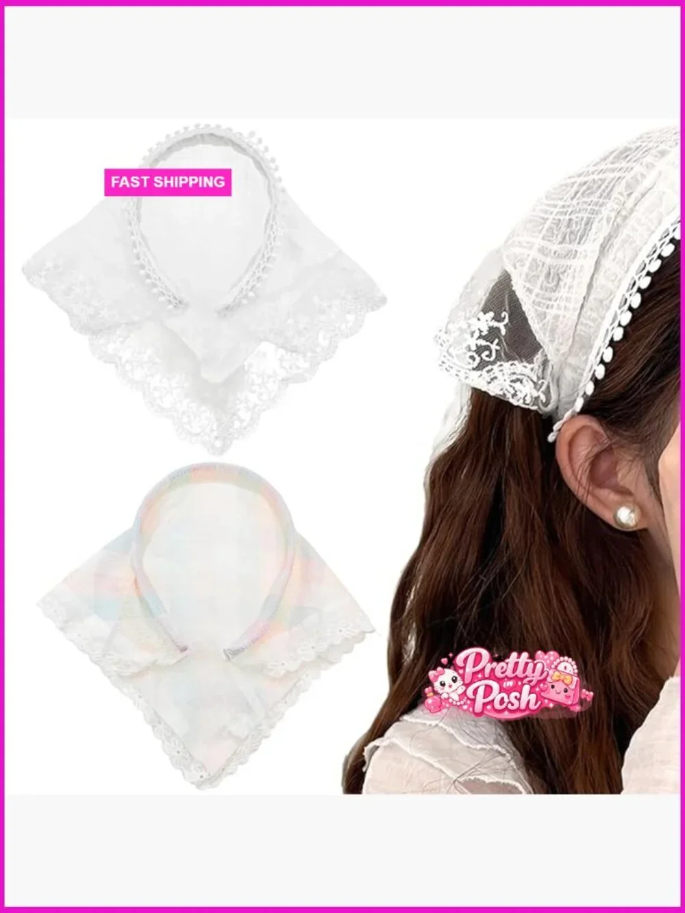 Lace Hair Scarf Headband, Non-Slip Boho Triangle Bandana Turban